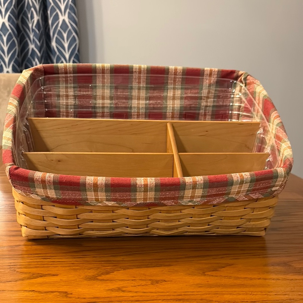 Longaberger Retired Large Desktop Basket-Dividerw/Fabric&Protector Plastic Liner